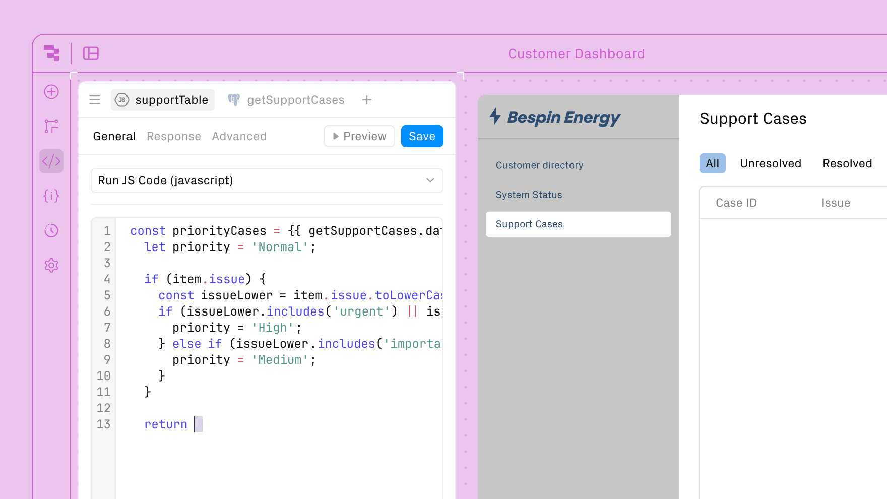 Screenshot of Retool UI showing a customer dashboard