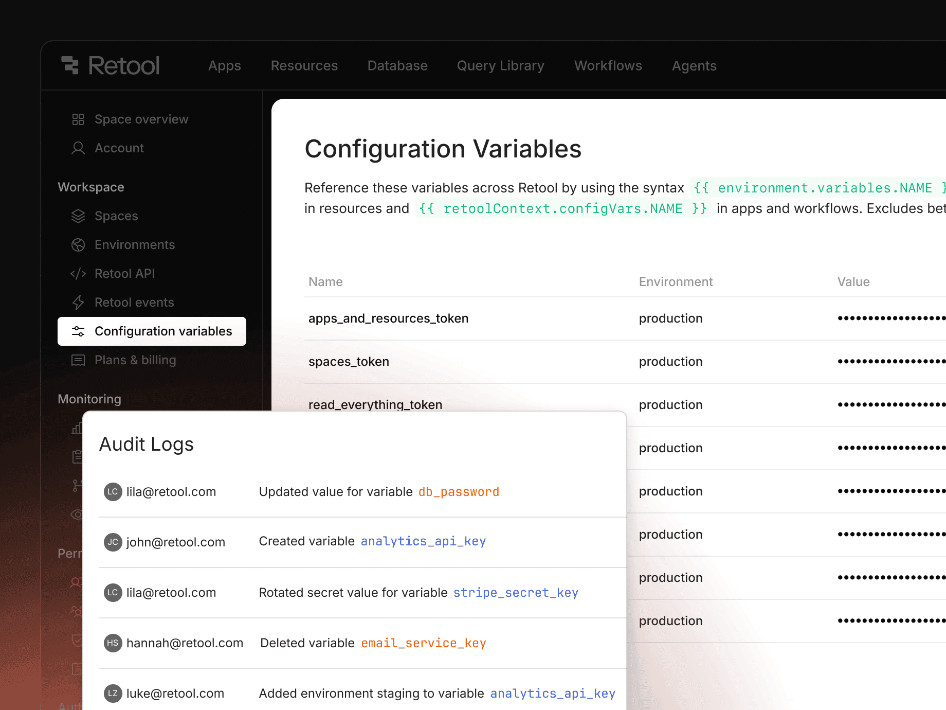 A Retool app showing audit logs and configuration variables